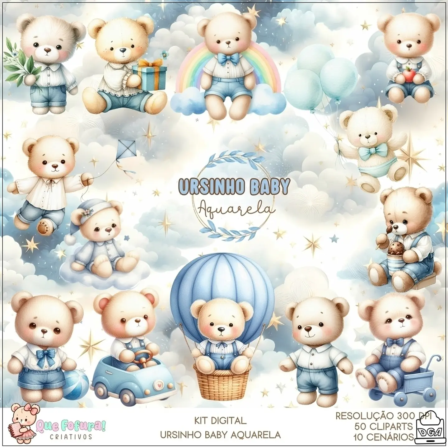 Kit Digital Ursinho Baby Aquarela 96 1