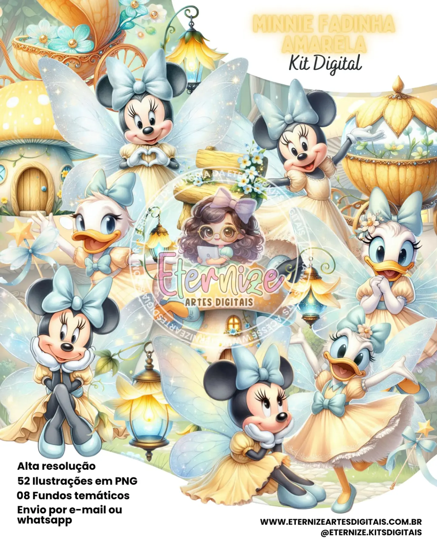 Kit Digital Minnie Fadinha Amarela (Aquarela) 72 1