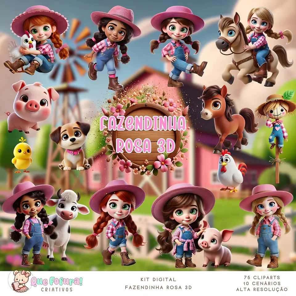Kit Digital Fazendinha Rosa 3d 32 1