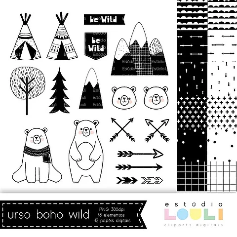Kit Digital Urso Boho Wild Cliparts 17