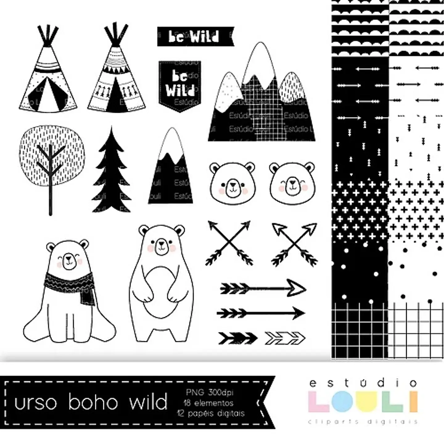 Kit Digital Urso Boho Wild Cliparts 17 1