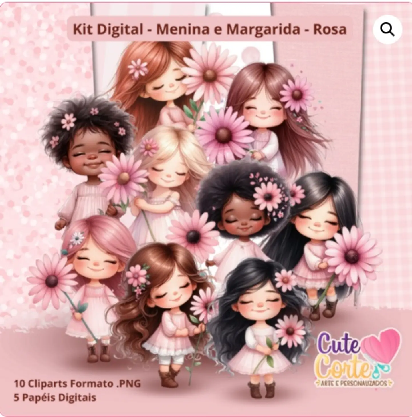 Kit Digital Menina e Margaridas Rosa 7 1