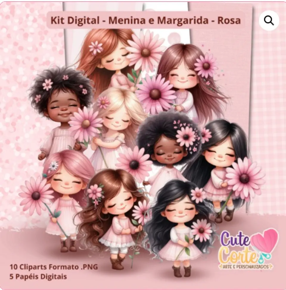 Kit Digital Menina e Margaridas Rosa 7 1