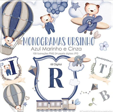 Kit Digital Monigrama Ursinho Azul Marinho e Cinza 15