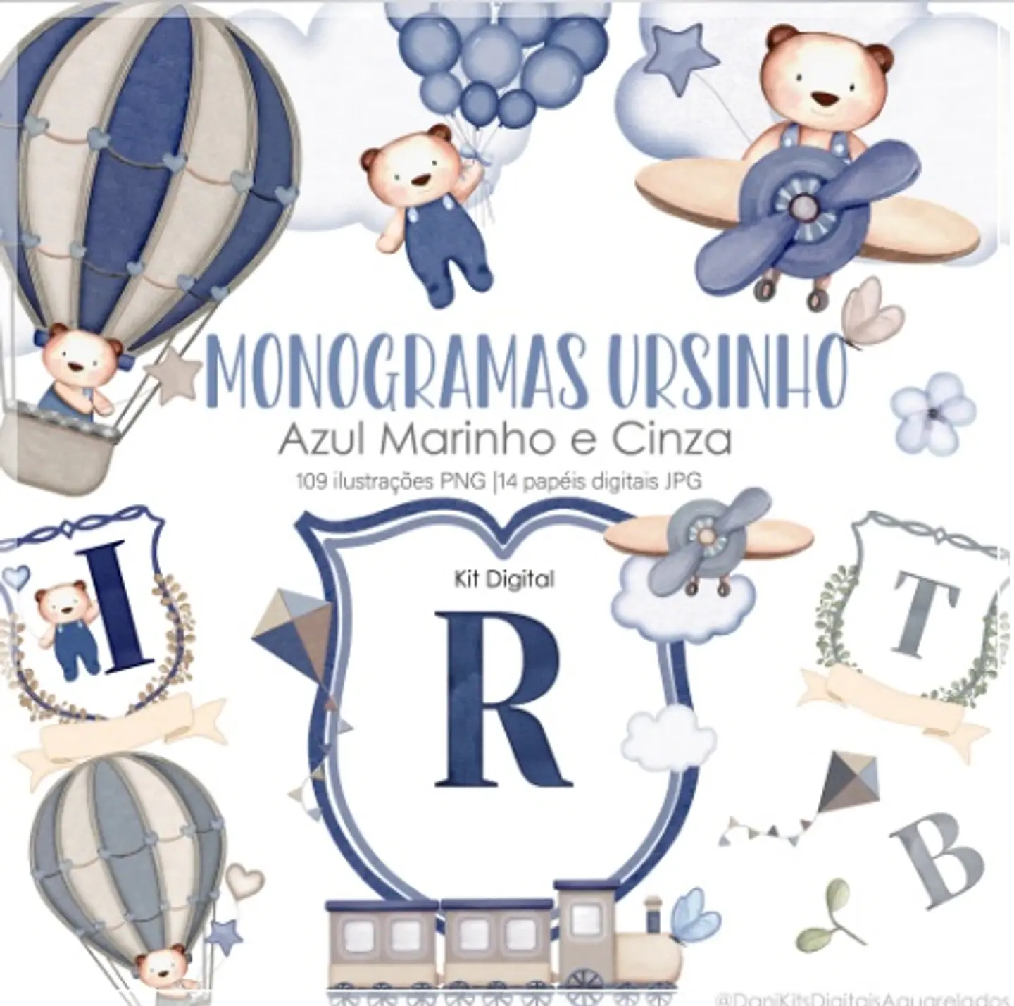 Kit Digital Monigrama Ursinho Azul Marinho e Cinza 15 1