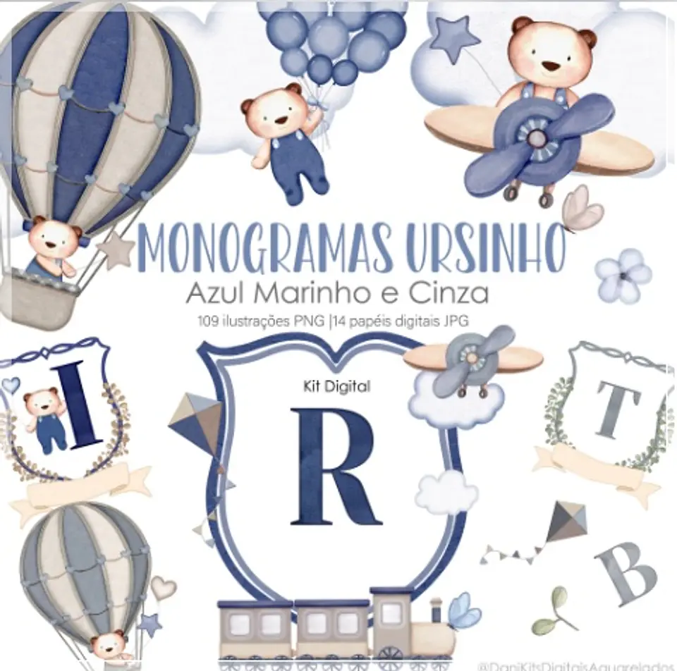 Kit Digital Monigrama Ursinho Azul Marinho e Cinza 15 1