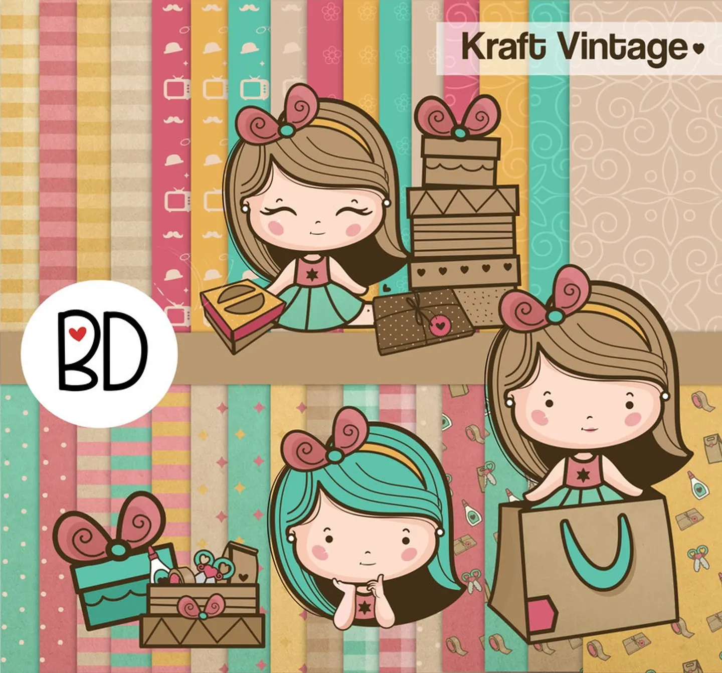 Kit Digital Mascotinhas Boneca Meninas Kraft Vintage 15 1