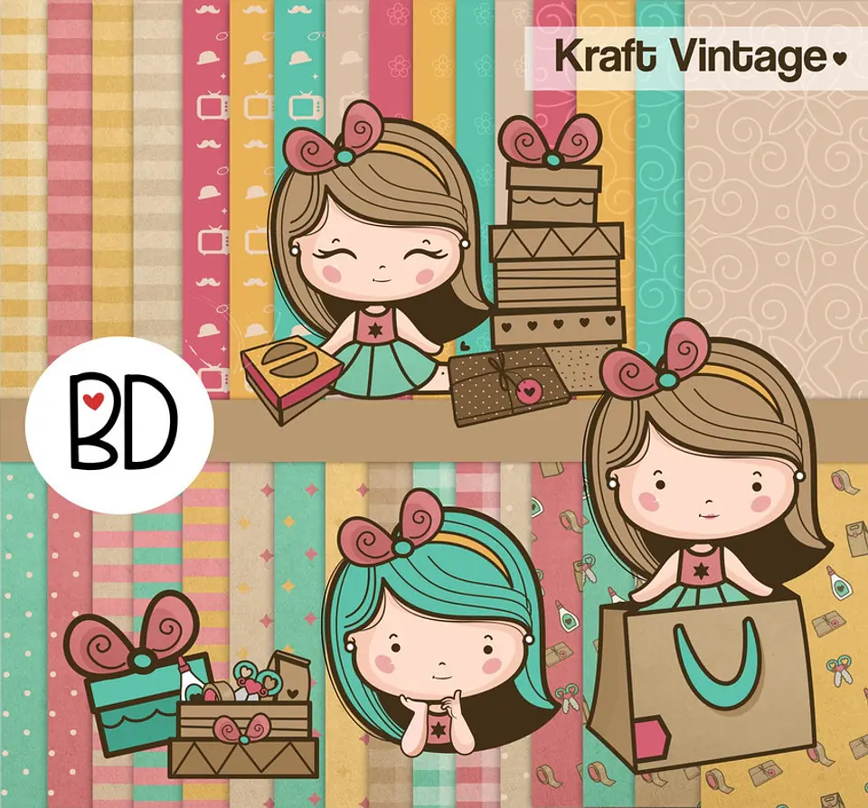Kit Digital Mascotinhas Boneca Meninas Kraft Vintage 15 1