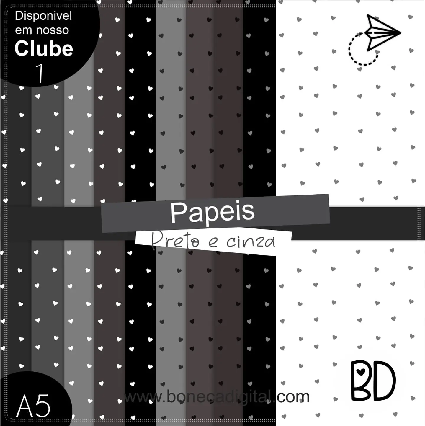 Kit Digital Papeis Coração Cinza e Preto 32 1