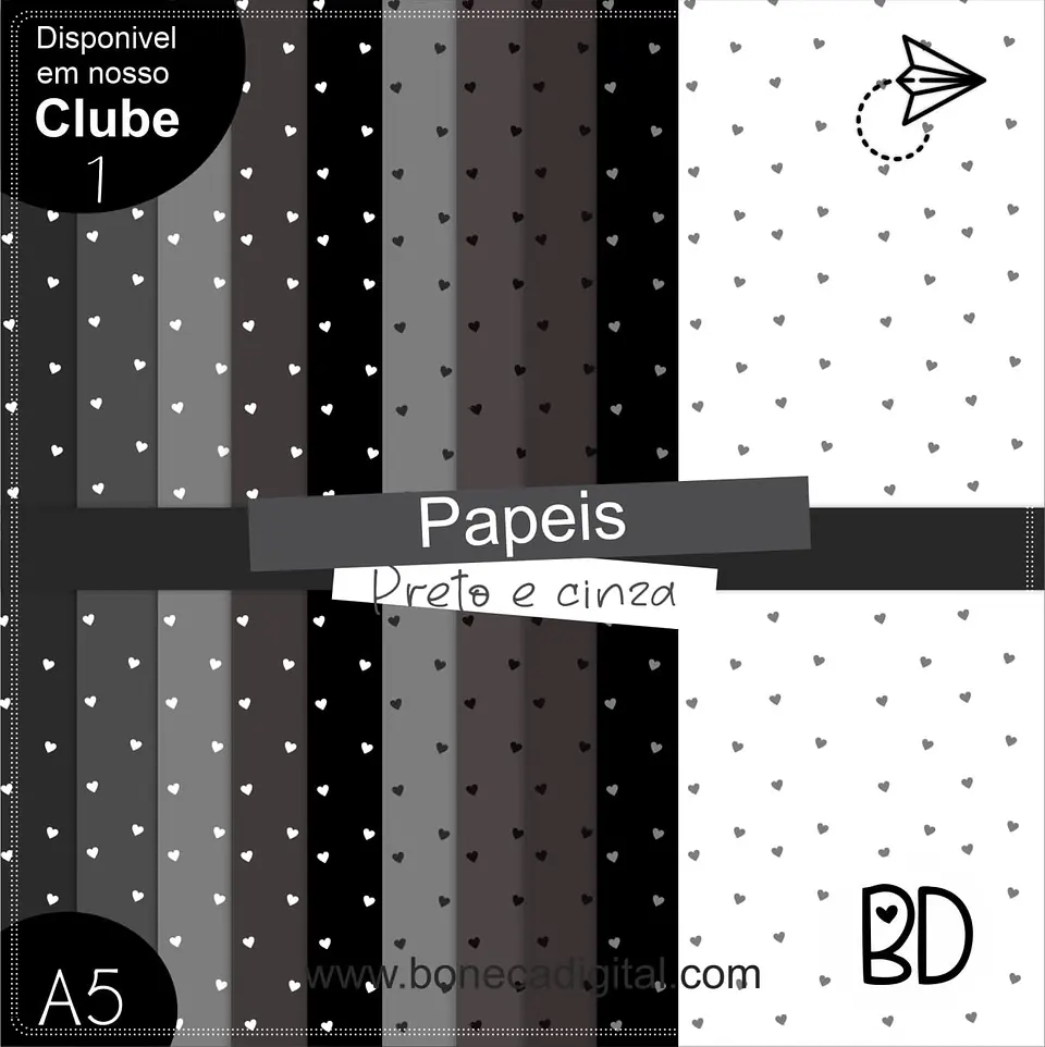 Kit Digital Papeis Coração Cinza e Preto 32 1