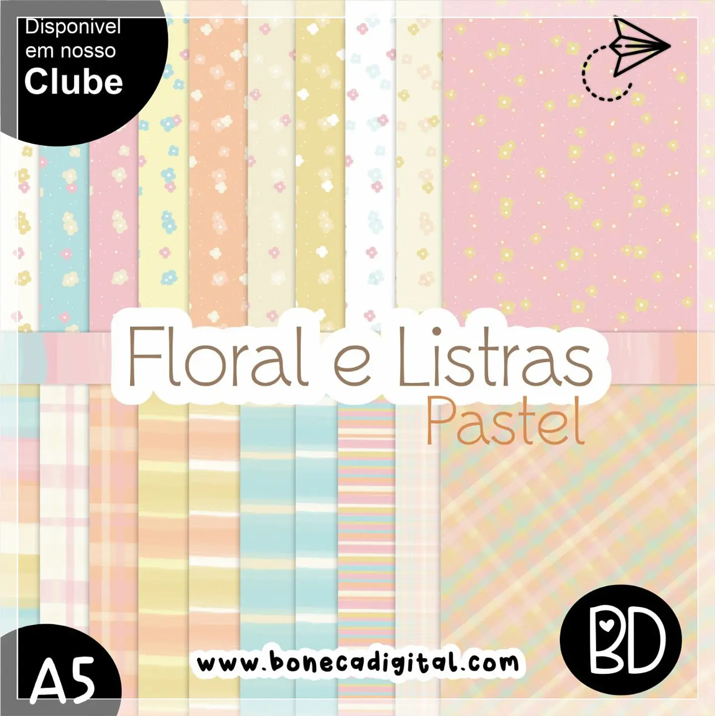Kit Digital Papeis Digital Floral e Listras Pastel 12 1