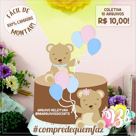 Arquivo de Corte Topo de Bolo Chá Revelação Ursinho Azul e Rosa 8