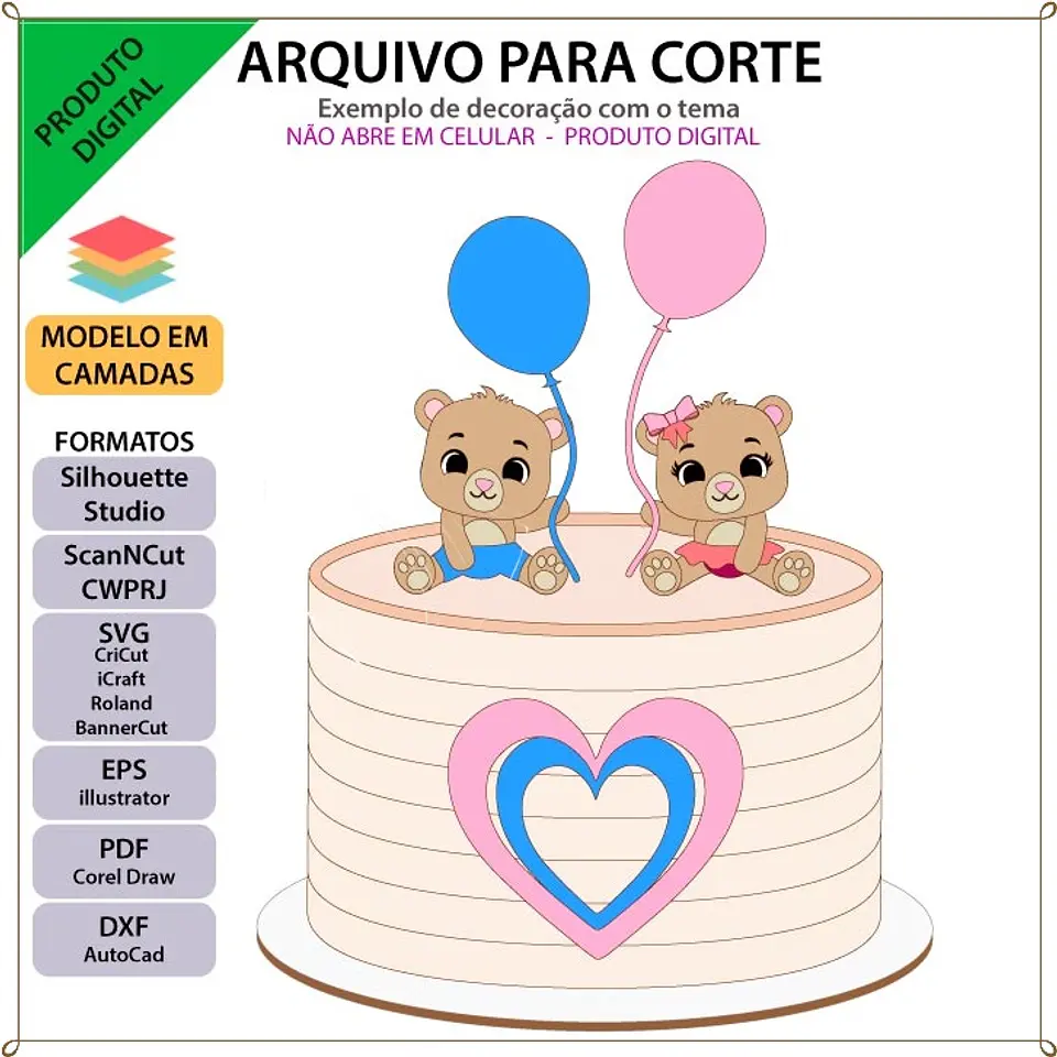 Arquivo de Corte Topo de Bolo Chá Revelação Ursinho Azul e Rosa 29 1