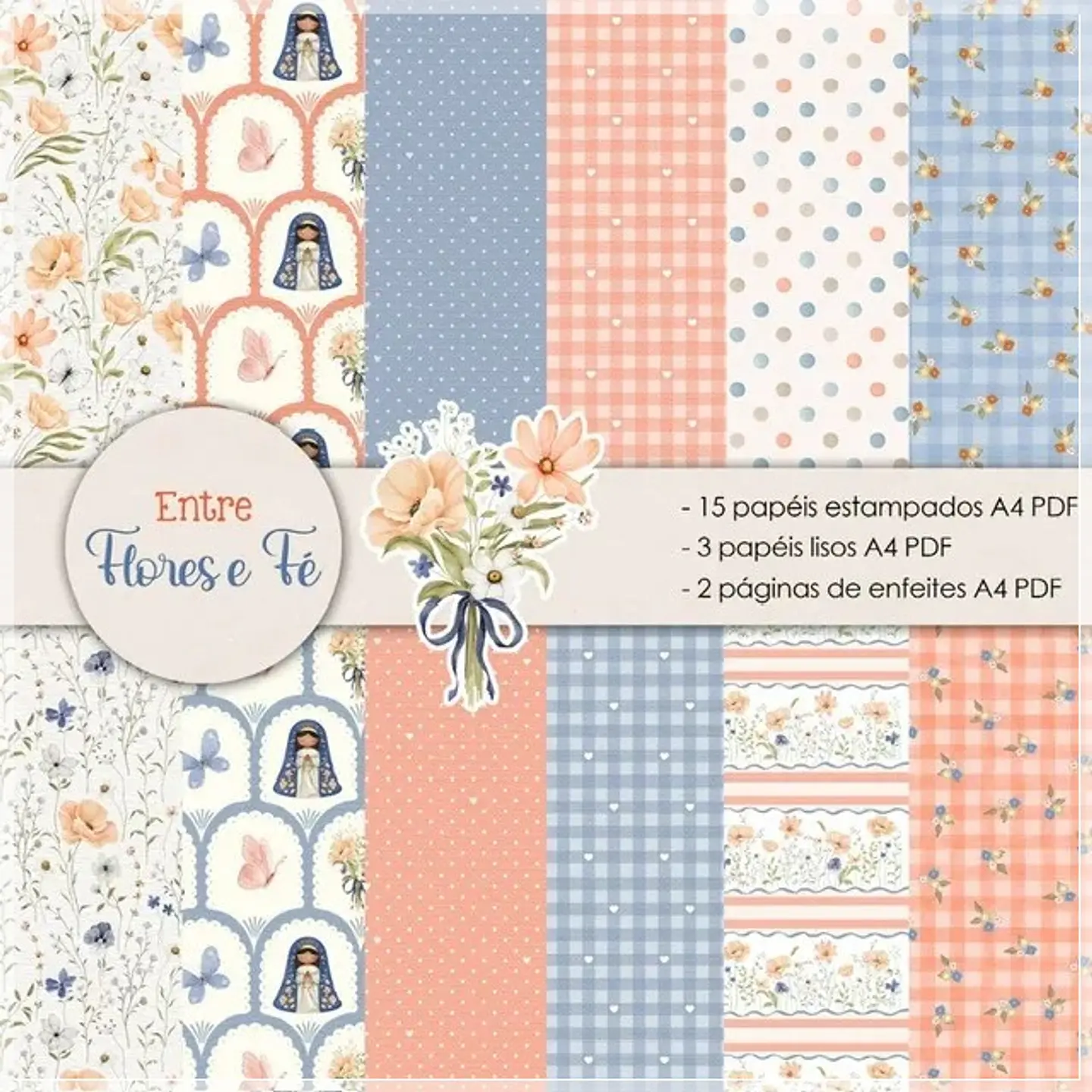 Kit Digital Papéis Nossa Senhora entre Flores e Fé 1 1