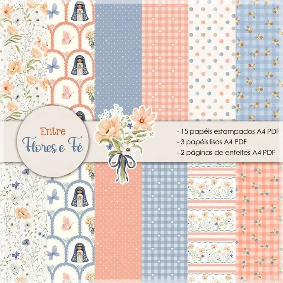 Kit Digital Papéis Nossa Senhora entre Flores e Fé 1 1