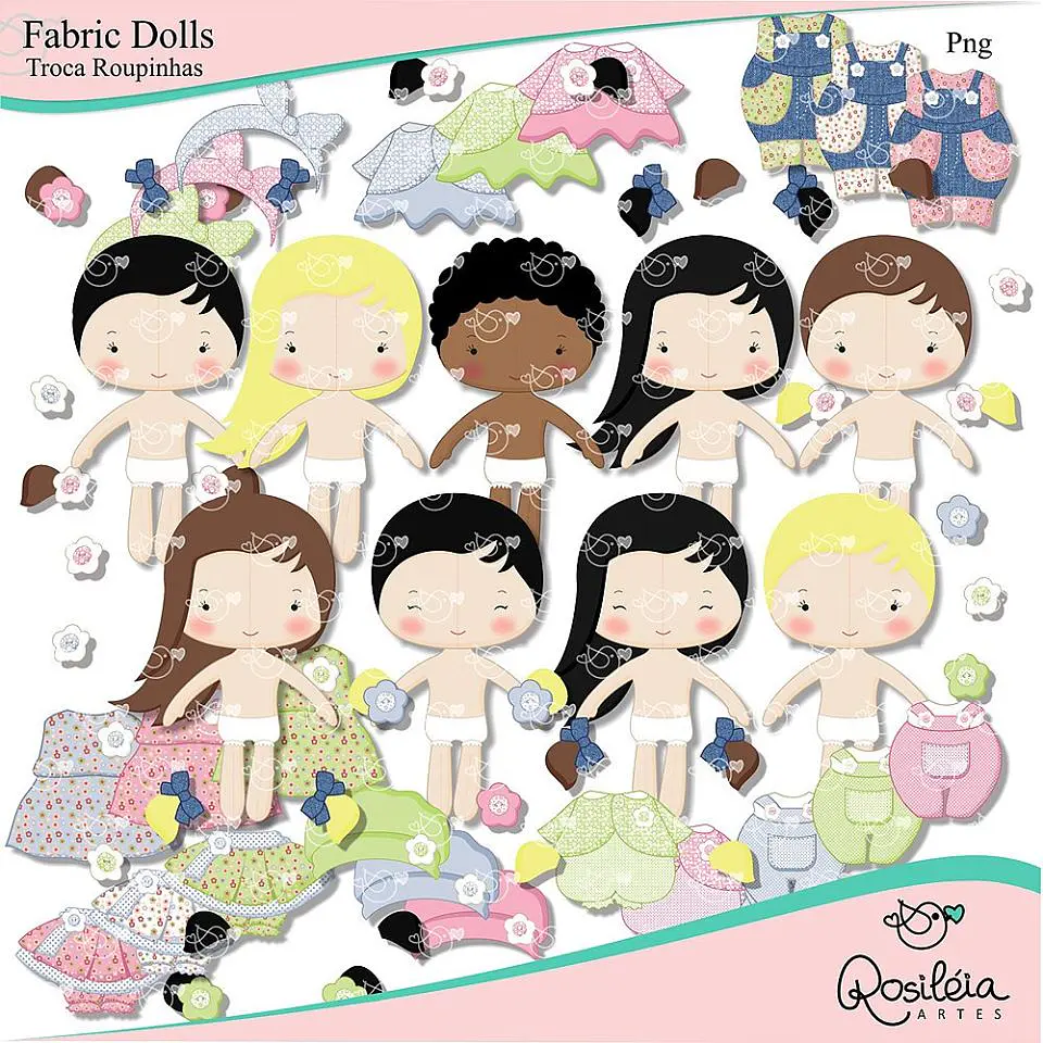 Kit Digital Fabric Dolls Bonecas de Pano Troca Roupinhas 32 1