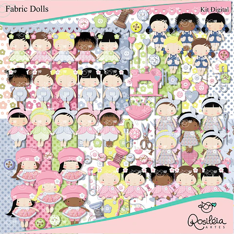 Kit Digital Fabric Dolls Bonecas de Pano Troca Roupinhas 31