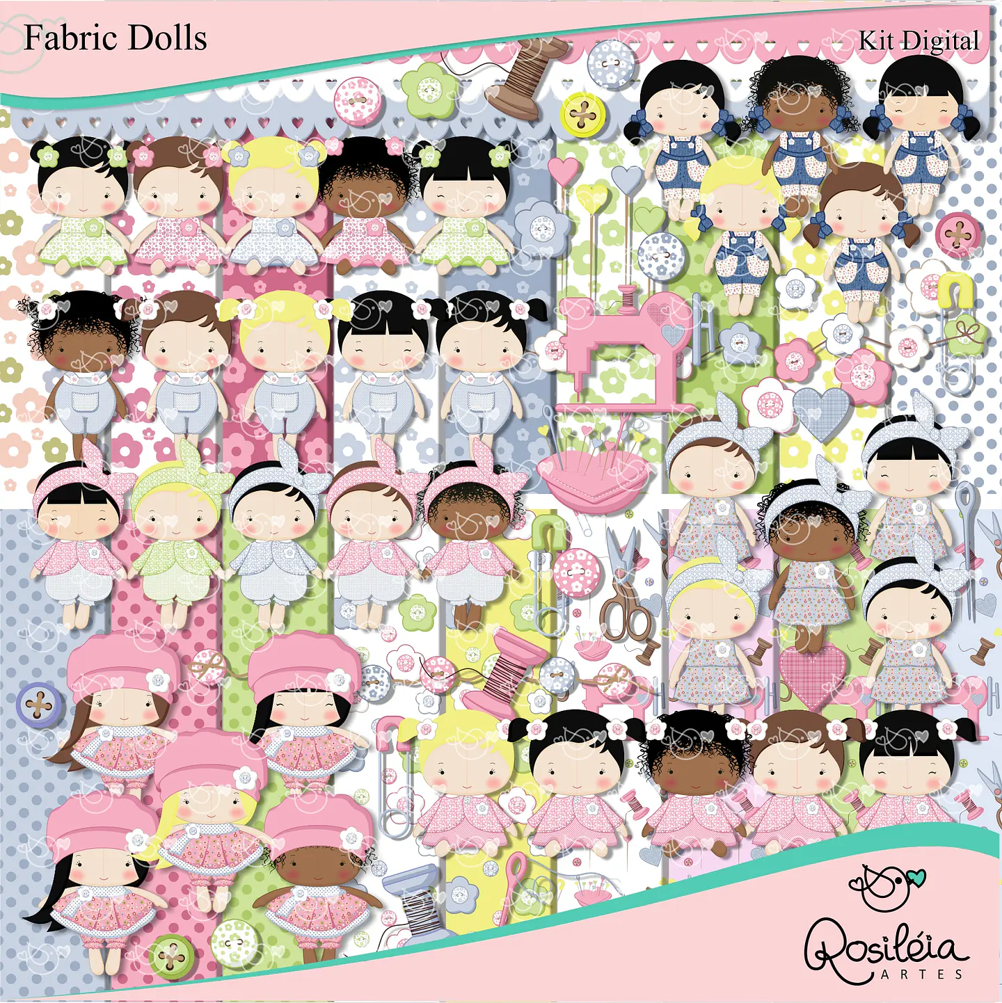 Kit Digital Fabric Dolls Bonecas de Pano Troca Roupinhas 31 1