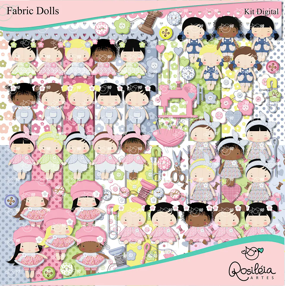 Kit Digital Fabric Dolls Bonecas de Pano Troca Roupinhas 31 1