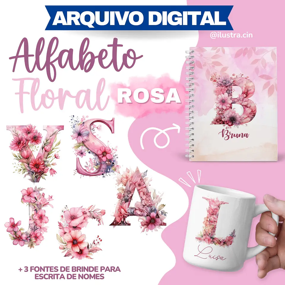 Kit Digital Alfabeto Floral Rosa 5 1