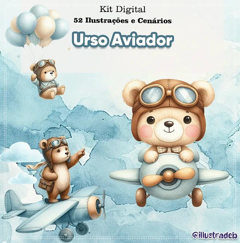 Kit Digital Urso Aviador Aquarela 232