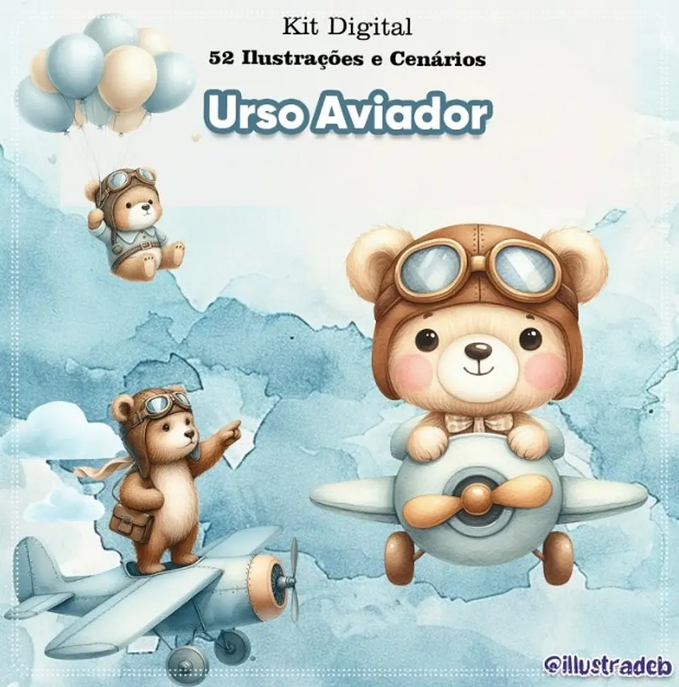 Kit Digital Urso Aviador Aquarela 232 1