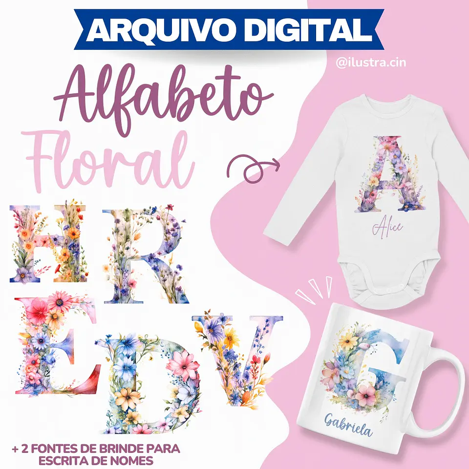Kit Digital Alfabeto Floral Rosa 1 1