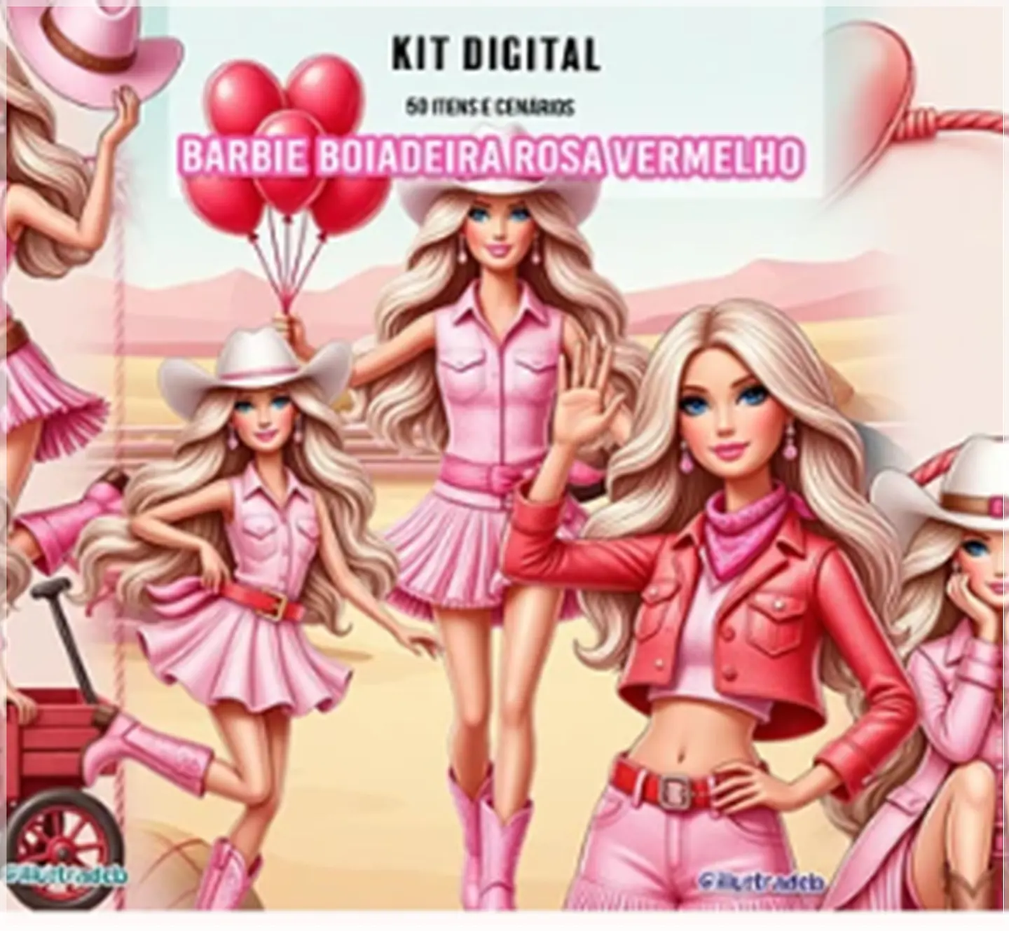 Kit Digital Barbie Boiadeira Rosa Vermelho 25 1