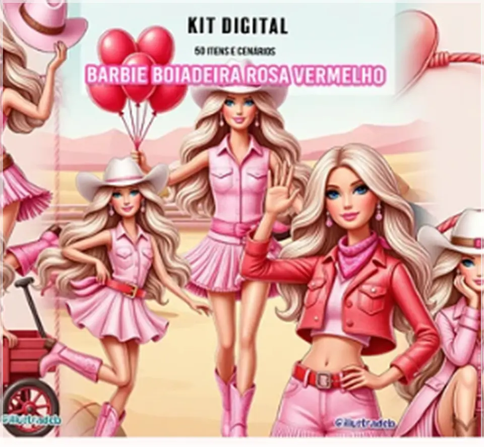 Kit Digital Barbie Boiadeira Rosa Vermelho 25 1