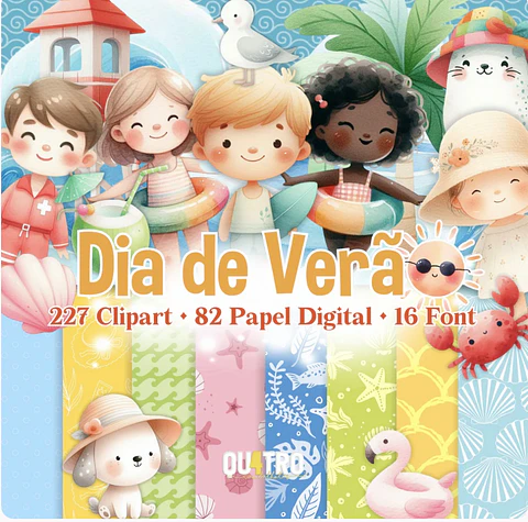 Kit Digital Dia de Verão - Cliparts, Papéis Digitais e Fontes 2