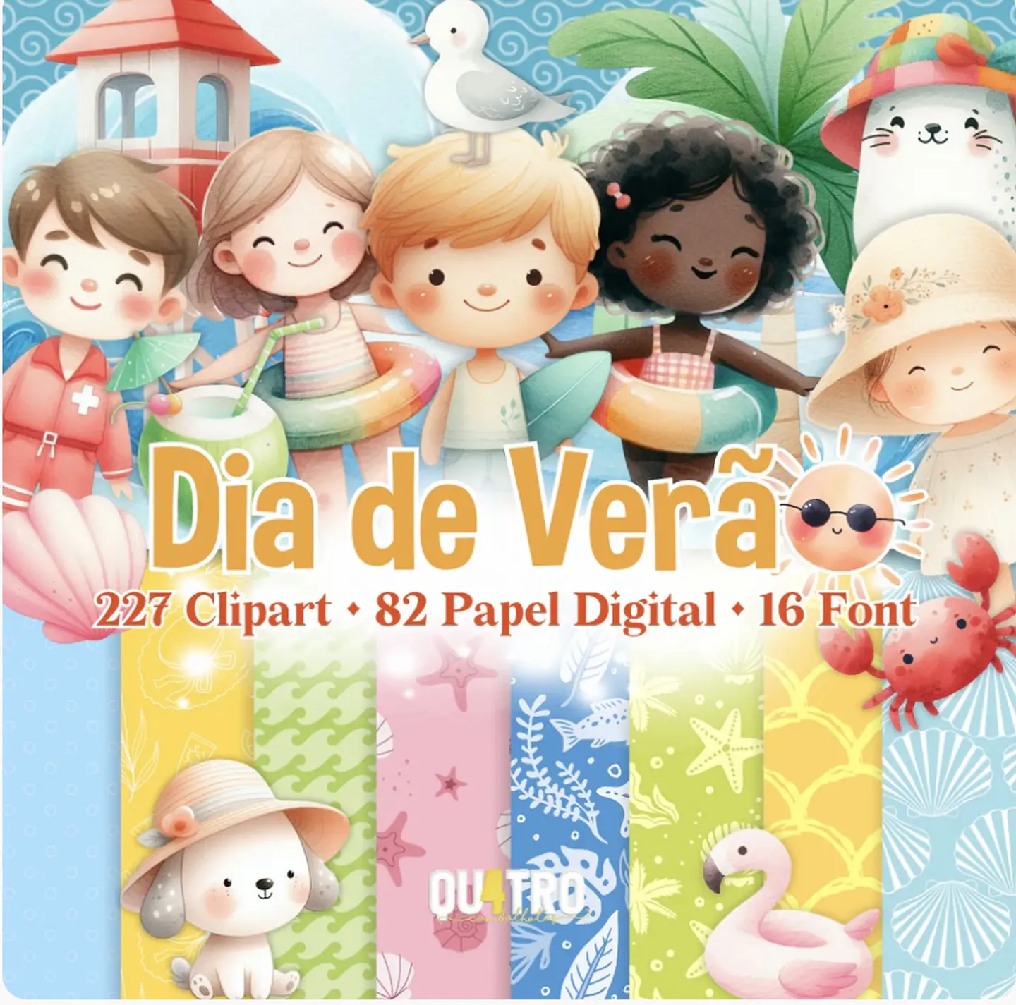 Kit Digital Dia de Verão - Cliparts, Papéis Digitais e Fontes 2 1