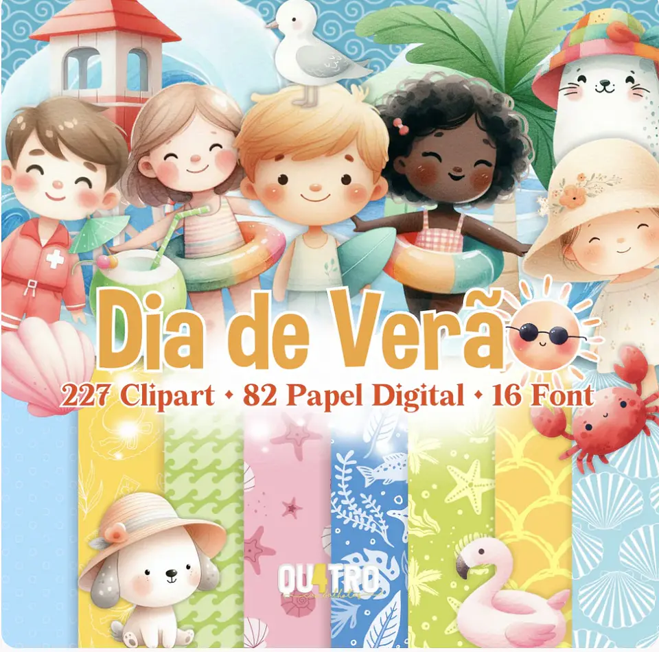 Kit Digital Dia de Verão - Cliparts, Papéis Digitais e Fontes 2 1