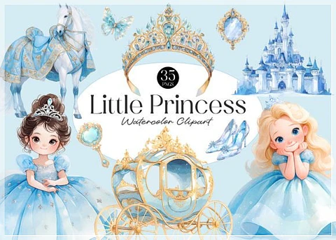 Kit Digital Cinderela Princesa Arquarelada Blue Little Princess 1