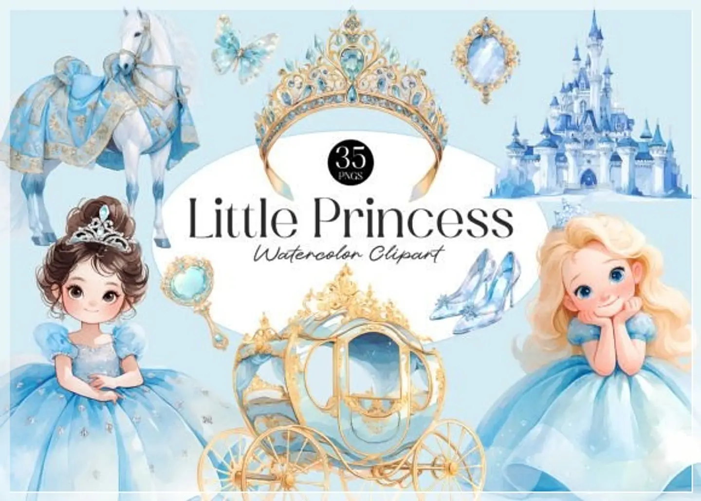 Kit Digital Cinderela Princesa Arquarelada Blue Little Princess 1 1