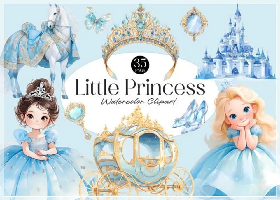 Kit Digital Cinderela Princesa Arquarelada Blue Little Princess 1 1