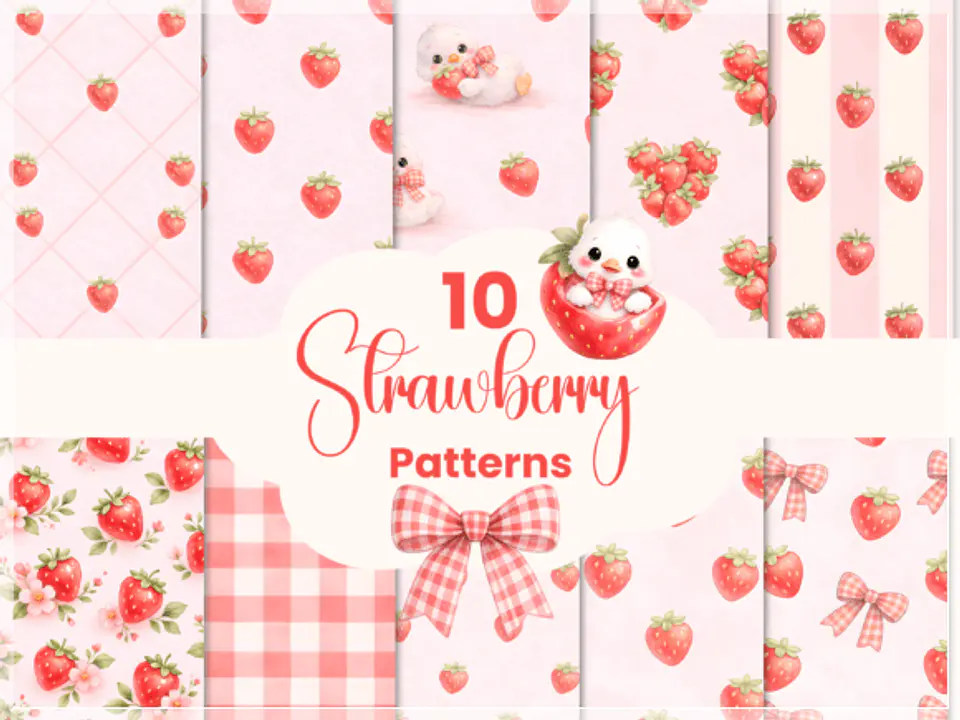Kit Digital Morango Watercolor Sweet Strawberry Papéis Digitais 7 1