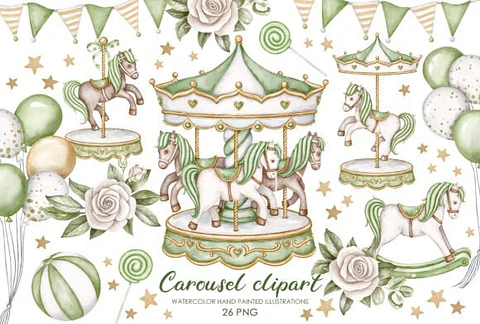 Kit Digital Carrossel Verde com Cavalinhos 8