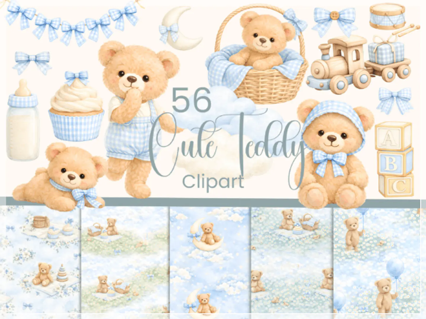 Kit Digital Baby Ursinho Azul Aquarelado Teddy Bear 2 1