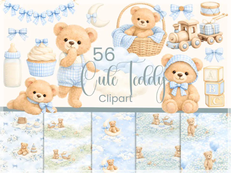 Kit Digital Baby Ursinho Azul Aquarelado Teddy Bear 2 1