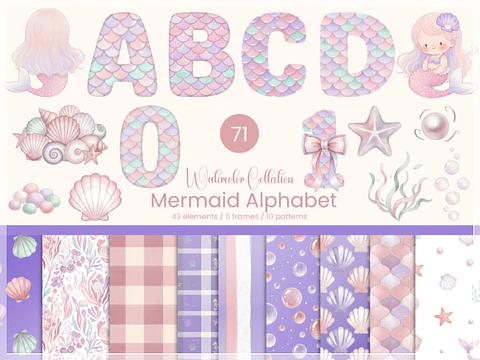Kit Digital Alfabeto Sereia Mermaid Alphabet Clipart 5