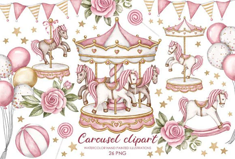 Kit Digital Carrossel Rosa com Cavalinhos 7