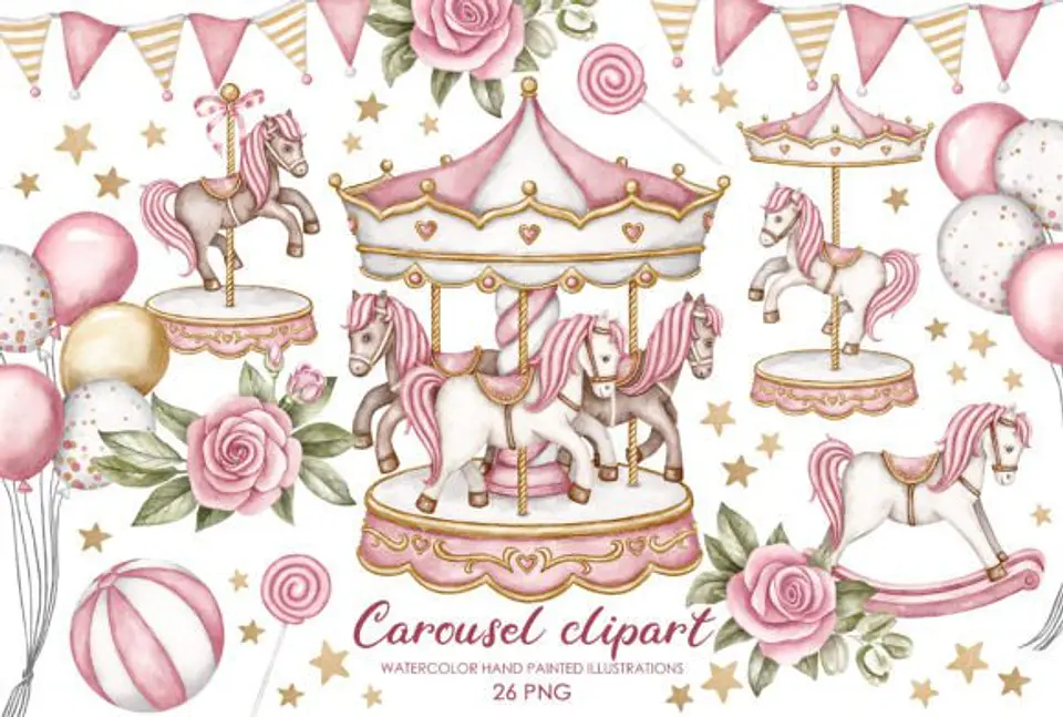 Kit Digital Carrossel Rosa com Cavalinhos 7 1