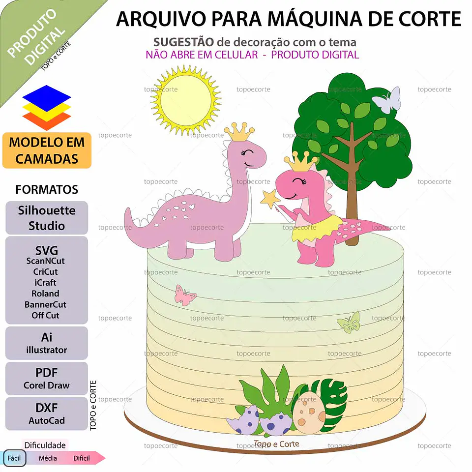 Arquivo de Corte Topo de Bolo Dinossauro Dino Menina 5 1