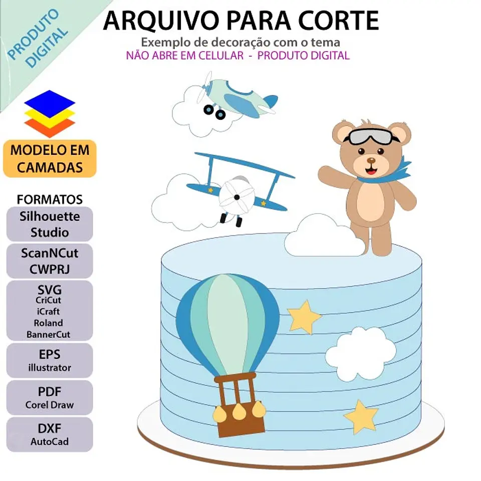 Arquivo de Corte Topo de Bolo Ursinho Aviador 2 1