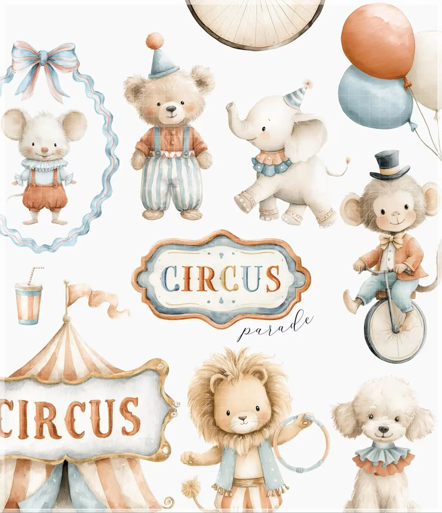Kit Digital Animais Circo Aquarelado Tiny Circus Parade 1 1