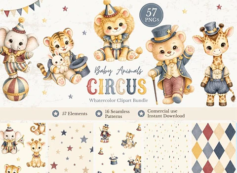 Kit Digital Animais Circo Azul e Vermelho Sweet Baby Circus Animals Blue e Red 1