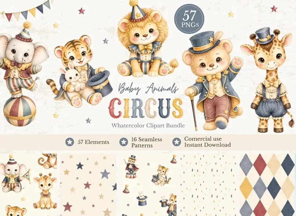 Kit Digital Animais Circo Azul e Vermelho Sweet Baby Circus Animals Blue e Red 1 1
