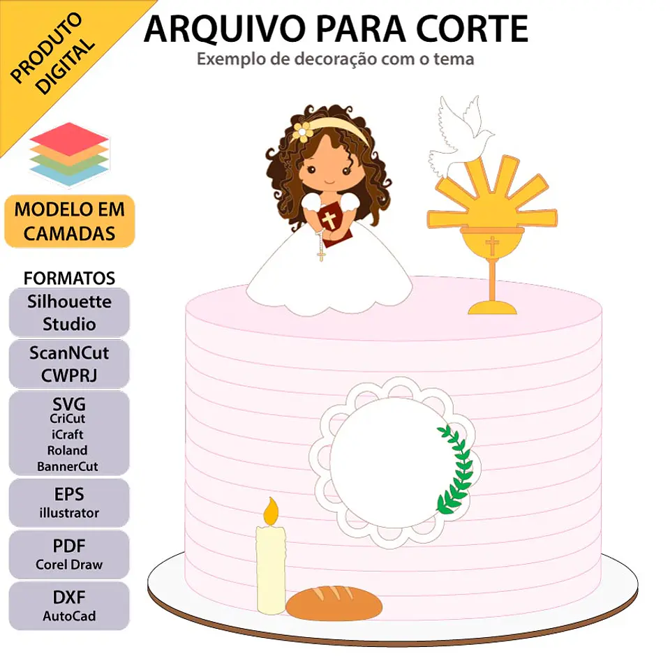Arquivo de Corte Topo de Bolo Eucaristia Primeira Comunhão Menina 50 1