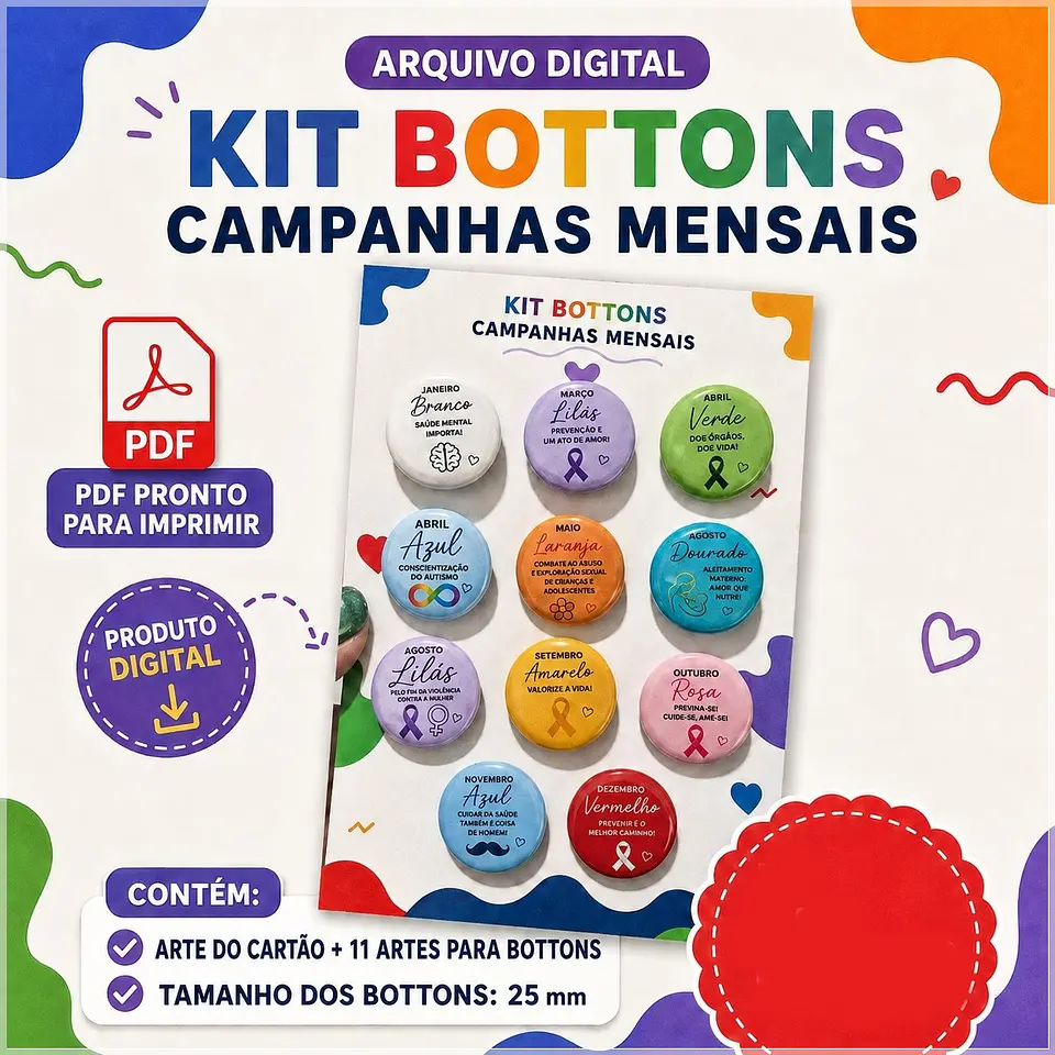 Arquivo de Corte Bottons Combo Agosto Lilás Setembro Amarelo Outubro Rosa Novembro Azul Janeiro Branco Dezembro Vermelho Abril Verde 1 1