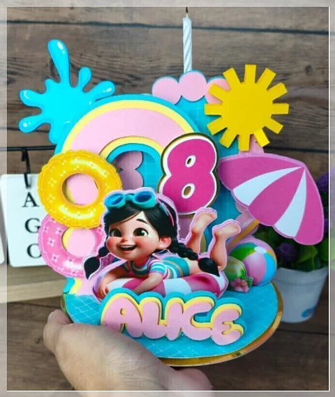 Arquivo de Corte Topo de Bolo Pool Party Menina Vela Cenário 4